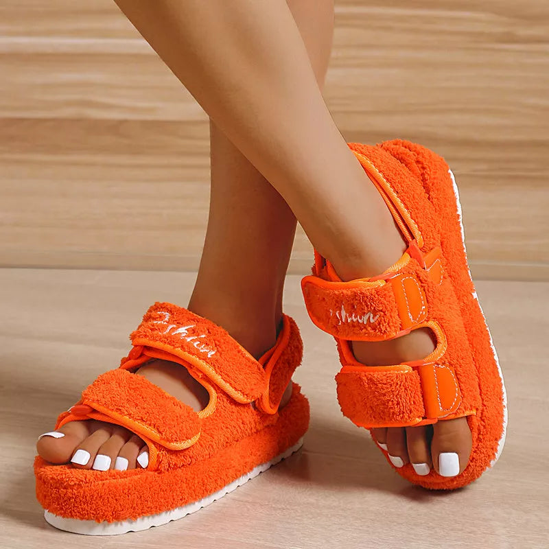 Women's Velcro Plush Rome Platform High Heel Sandals in black, blue, green, and orange
