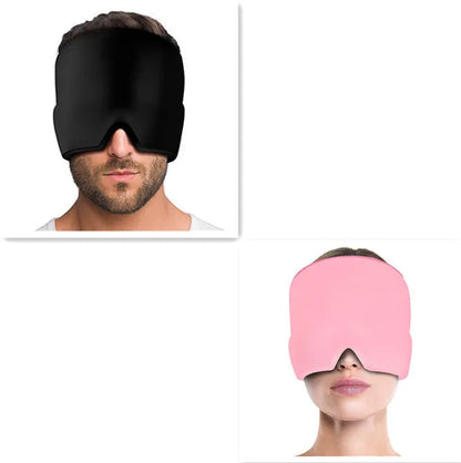 Black elastic cloth gel cold compress eye mask for headache relief on a grey background.
