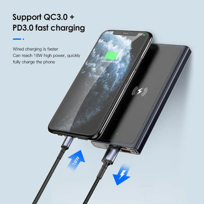Black and blue alloy 10000mAh power bank with wireless charging surface and integrated plug.