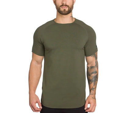 Men's plain grey gym shirt, blouse style, on a hanger showing relaxed fit and cotton-spandex fabric.