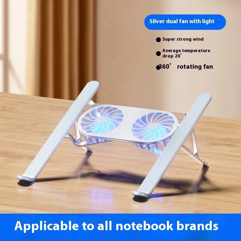 Aluminium alloy portable laptop cooling stand with twin fans and adjustable height mechanism in silver finish
