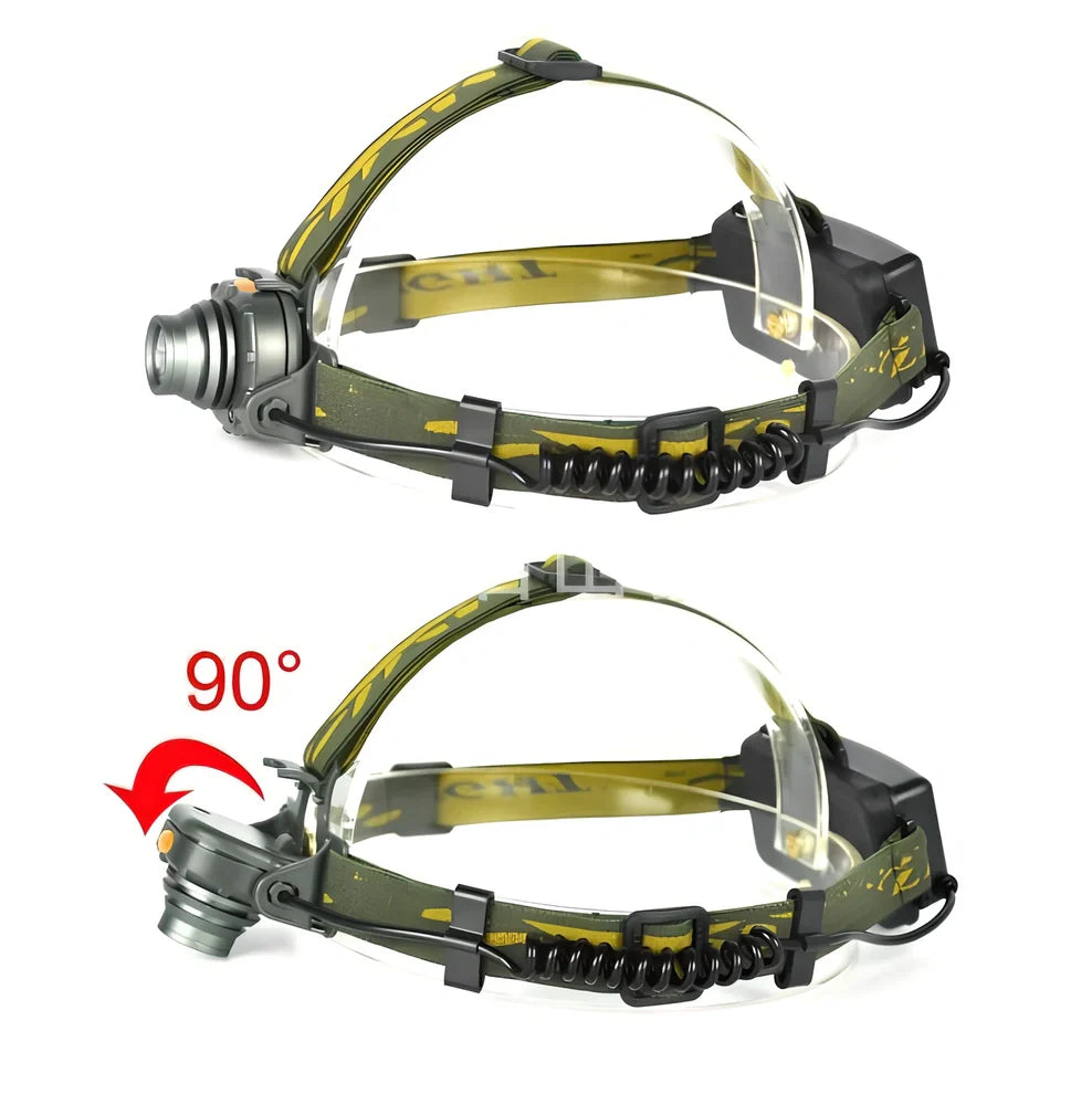 Retractable aluminium alloy headlamp extended to 15cm with 1000-lumen beam for camping and night riding, including induction charger