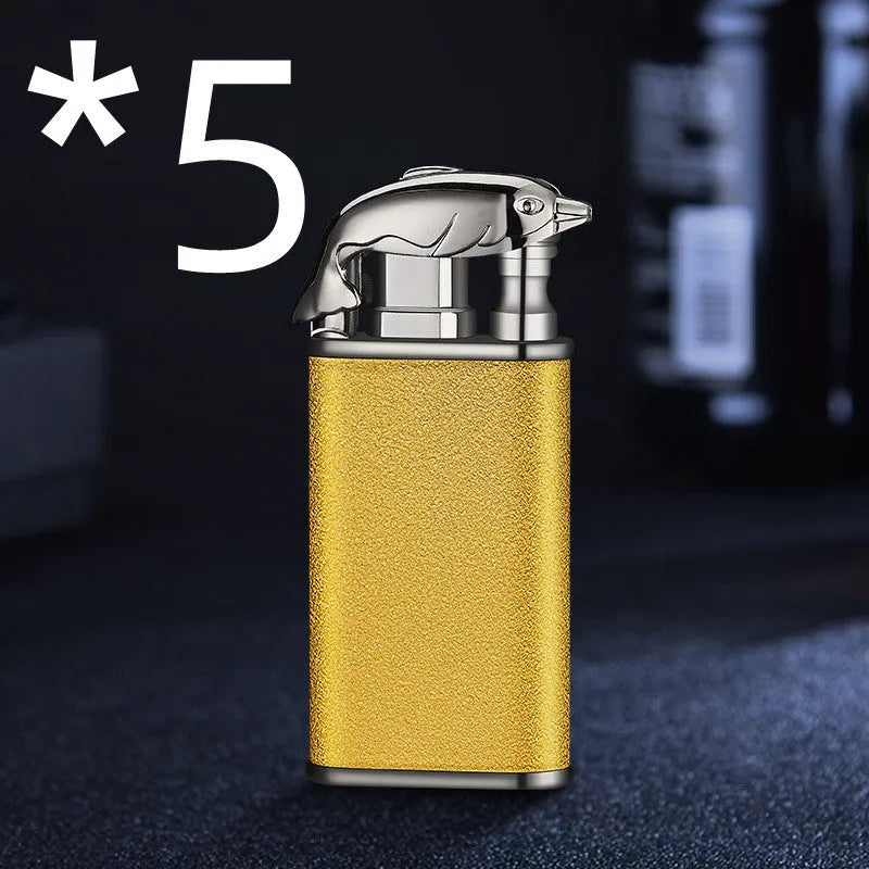 Metal windproof lighter with double flame and dragon design, showing flame from mouth.