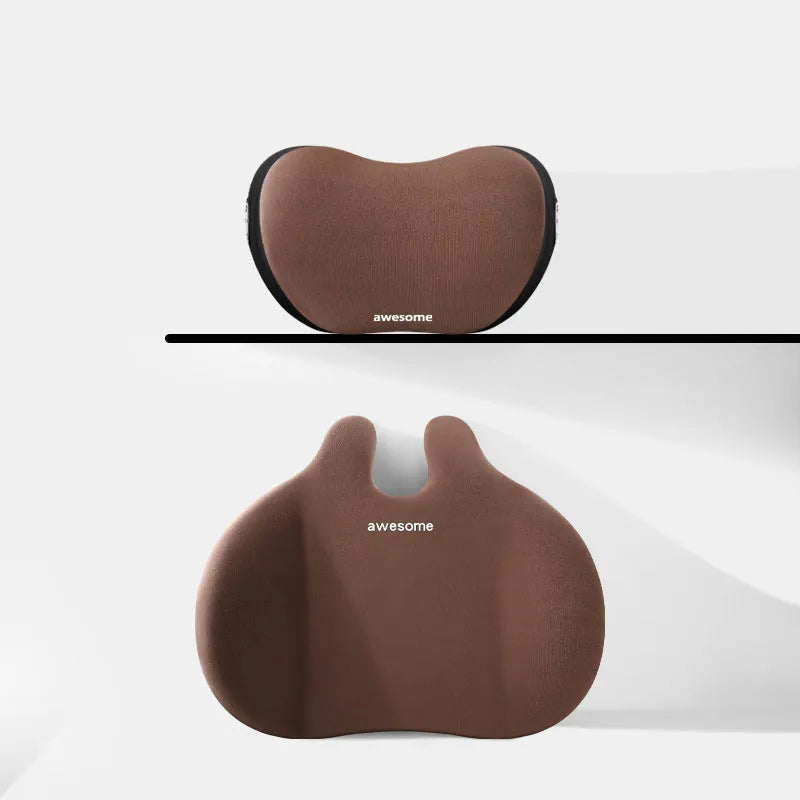 Car headrest and lumbar support pillow set in fabric with cotton filling.