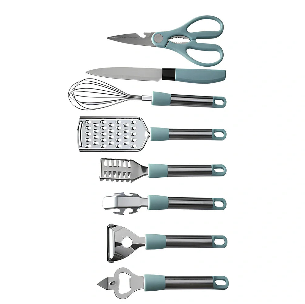 6-piece grey stainless steel kitchen utensil set with whisk, peeler, scissors on white background, essential for quick prep