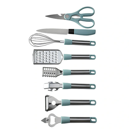 6-piece grey stainless steel kitchen utensil set with whisk, peeler, scissors on white background, essential for quick prep