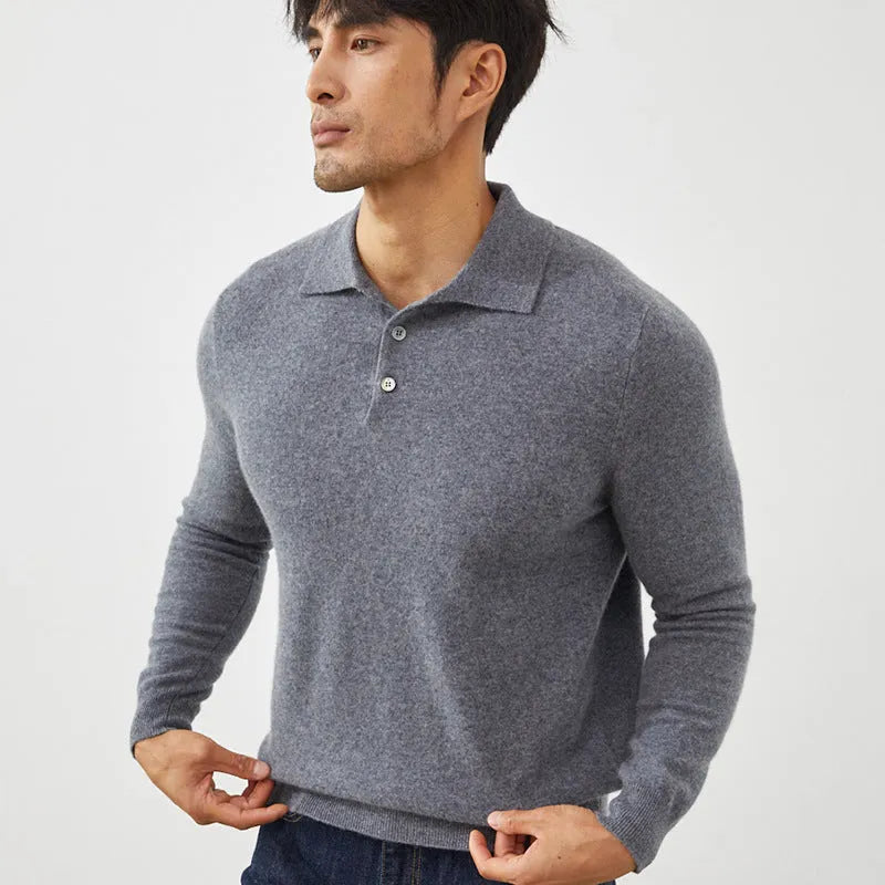 Men's cashmere pullover sweater with polo collar in loose fit on a hanger