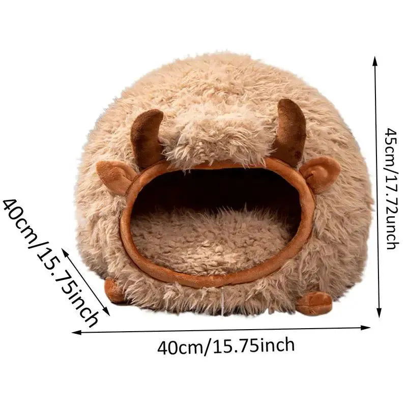 Brown yak shaped semi-enclosed cat cave bed with cover, 45 x 40 x 40 cm, for indoor and outdoor pet use