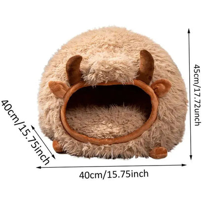 Brown yak shaped semi-enclosed cat cave bed with cover, 45 x 40 x 40 cm, for indoor and outdoor pet use