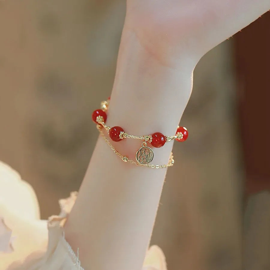 Red agate blessing card and horse charm double layer bracelet in gift box