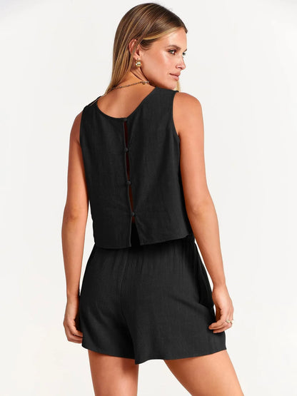 Women's apricot rayon linen summer suit set showing sleeveless top and drawstring shorts