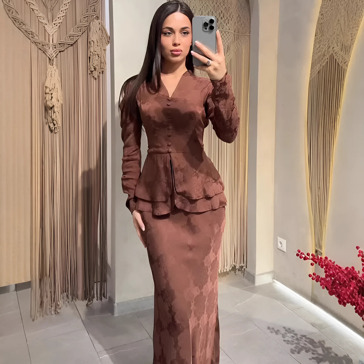 Dark brown long sleeve dress with plant and flower pattern, faux two-piece retro style.