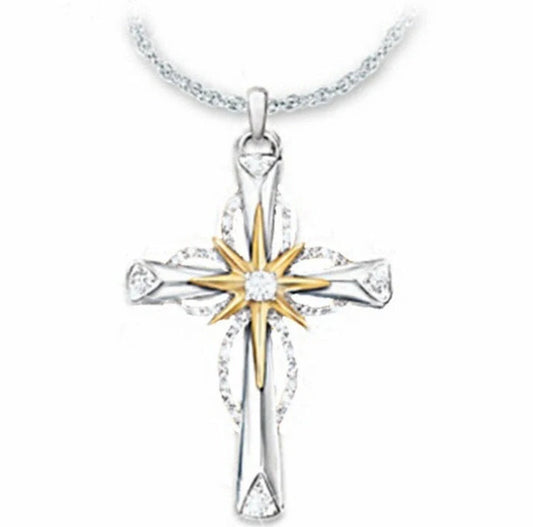 Stylish octagonal star cross alloy pendant with silver finish on a ring chain