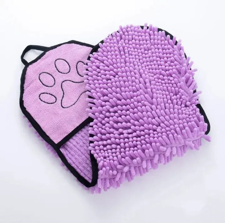 Blue dog bath robe towel laid flat, showing its 62cm by 23cm size and soft texture.