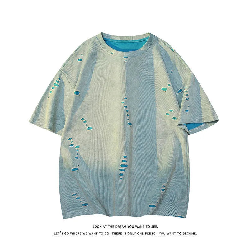 Men's grey distressed rip short sleeve t-shirt with loose fit cotton blend fabric