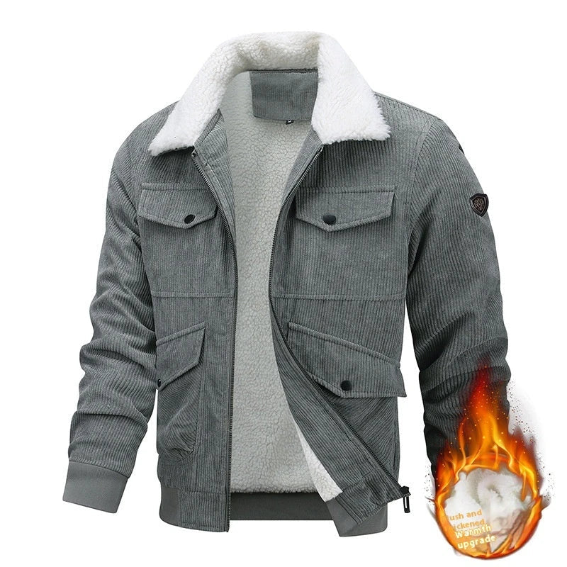 Premium men's fleece jacket with pockets, available in Khaki, Grey, and Black colors in sizes M to 8XL