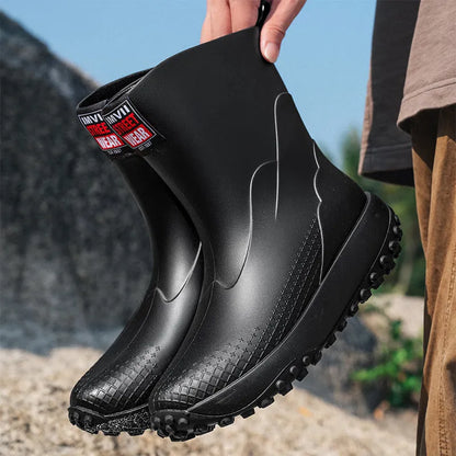Men's PVC rain boots in beige, brown, black, and black red with plastic soles