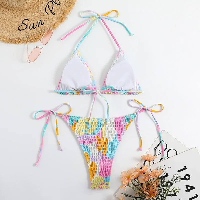 Women's multicolour floral gradient bikini with smocking detail in polyester fabric