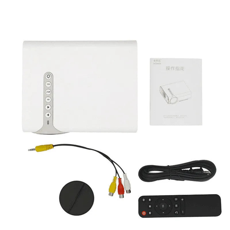 Mini mobile phone projector using LED projection technology with a wireless same screen function, front projection method, and adjustable image size from 30 to 138 inches in black or white colour options and supplied with international plug adaptors.