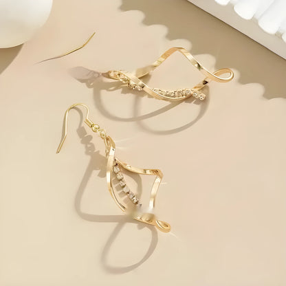 Gold electroplated alloy spiral drop earrings with geometric elliptical design for women