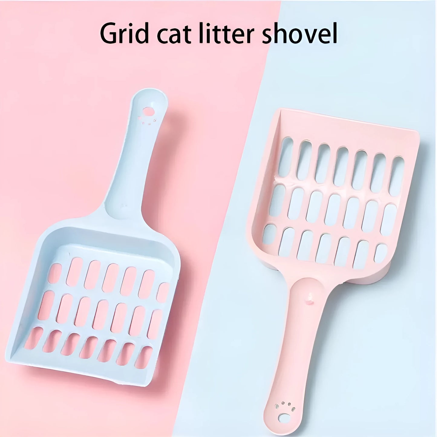 Plastic cat litter scoop in blue on a white background, showing handle and perforated scoop area.