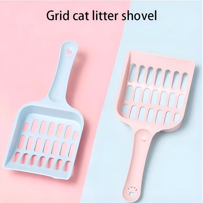 Plastic cat litter scoop in blue on a white background, showing handle and perforated scoop area.