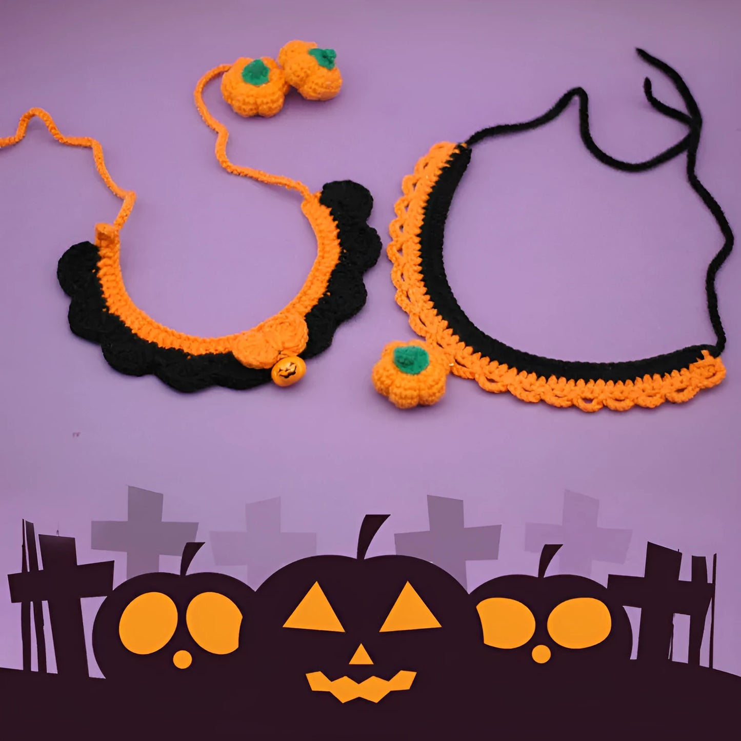 Hand-crocheted wool pet collar in pumpkin colour for a dog or cat, showing adjustable size and textured yarn.