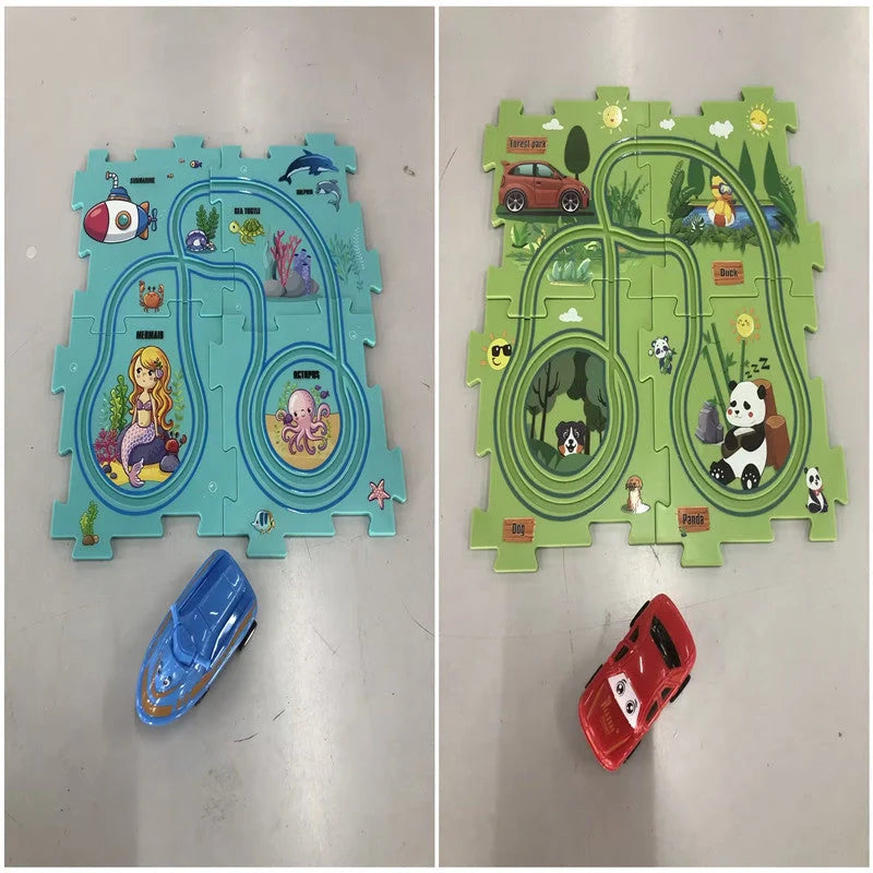 DIY Electric Railroad Speeder Toy with puzzle tracks and automatic car