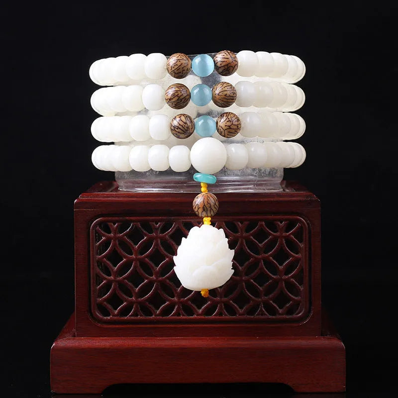 White jade Bodhi beads bracelet with 6x8mm beads in multiple decorative styles for men and women