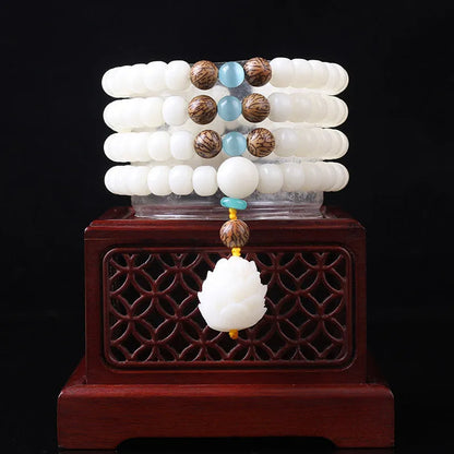White jade Bodhi beads bracelet with 6x8mm beads in multiple decorative styles for men and women