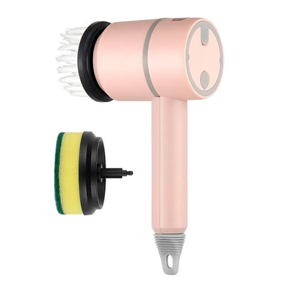 Electric cleaning brush with plastic housing, three brush heads, and 1200mA battery, shown in white, green, or pink