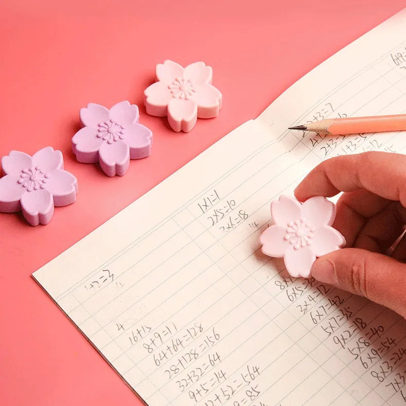 Student cherry blossom eraser leaves no marks and minimal debris, featuring a soft design for easy clean-up and less residue with randomised packs of 3, 6, 12, 18, 24 or 32 pieces in various colours for school, office and art use.