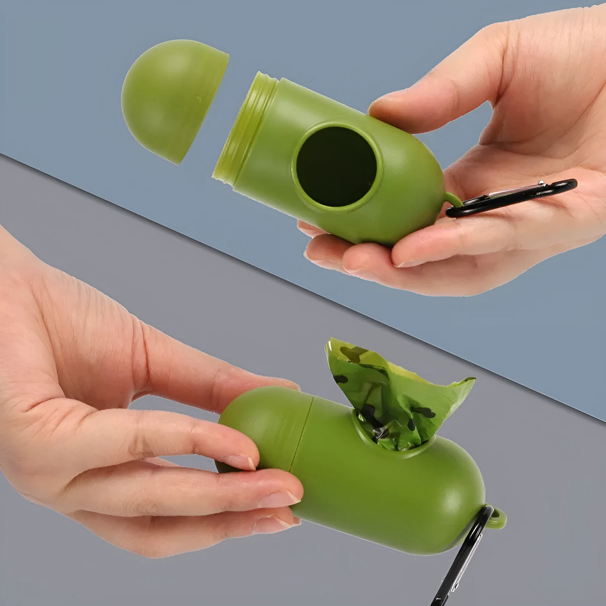 Roll of military green degradable dog poop bags with black bone print, shown next to a plastic dispenser.