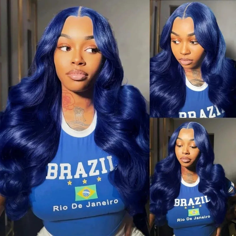 Dark blue synthetic wig with wavy curls and front lace design on display