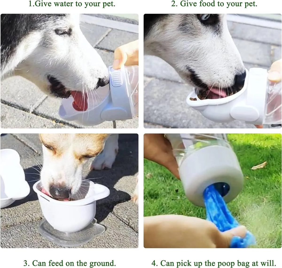 Green 3-in-1 pet water bottle with strap, showing water dispenser, food container, and waste bag dispenser for outdoor use
