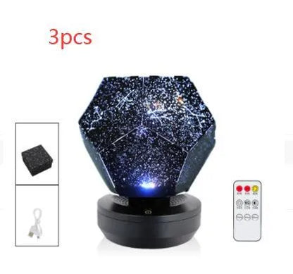 Plastic starry sky projection night light showing constellations on a bedroom ceiling, with remote control.