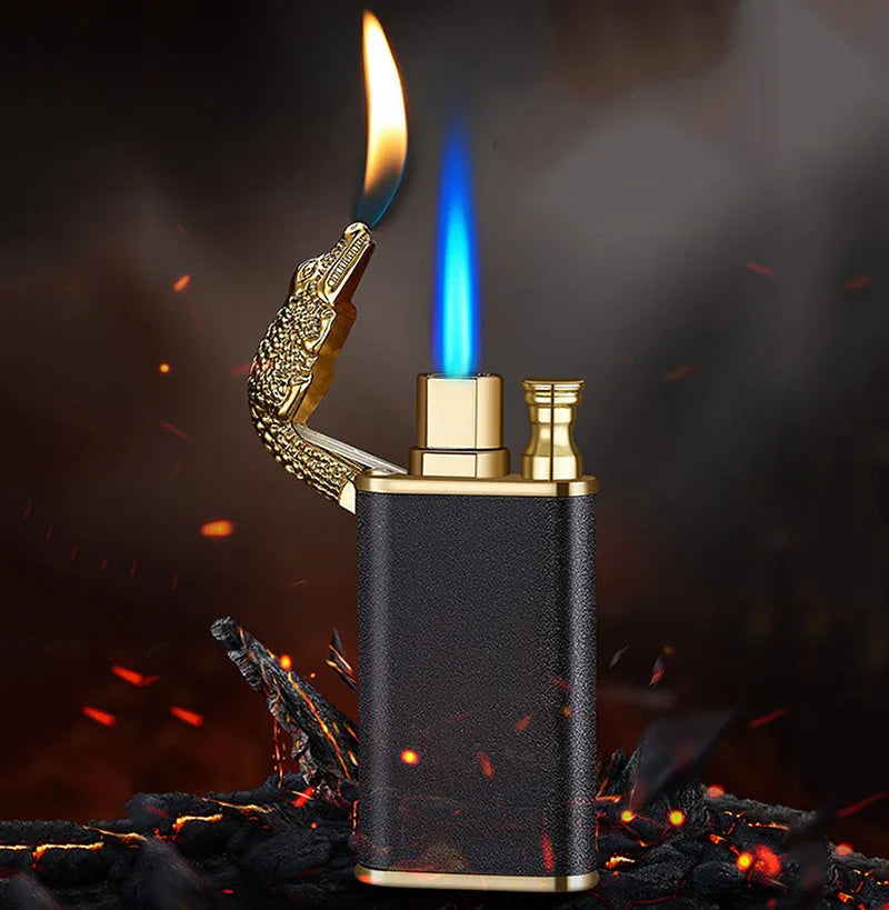 Metal windproof lighter with double flame and dragon design, showing flame from mouth.