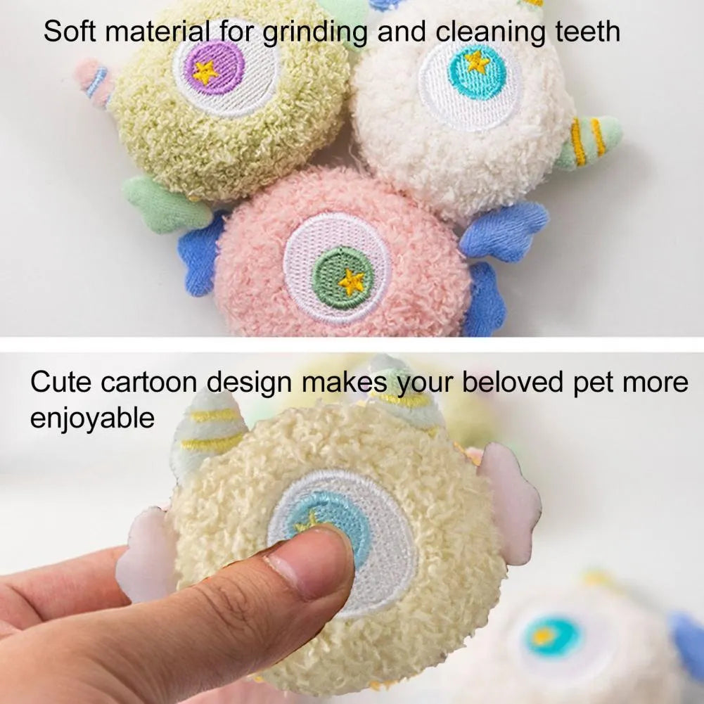 Plush cartoon dog chew toy with large eyes and squeaker in grey, green, pink, white or yellow