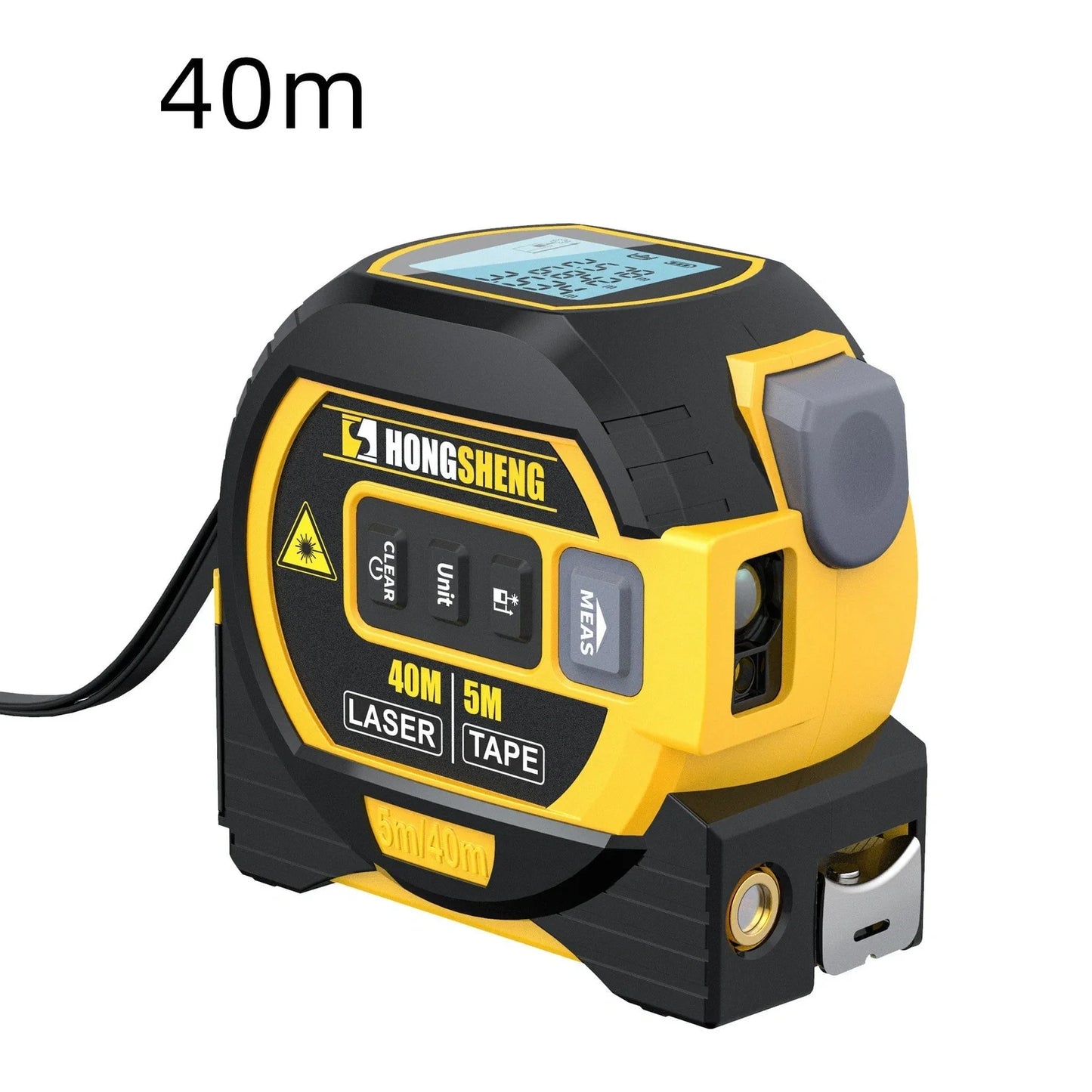 Blue and yellow laser tape measure showing laser cross projection and extended 5m steel tape