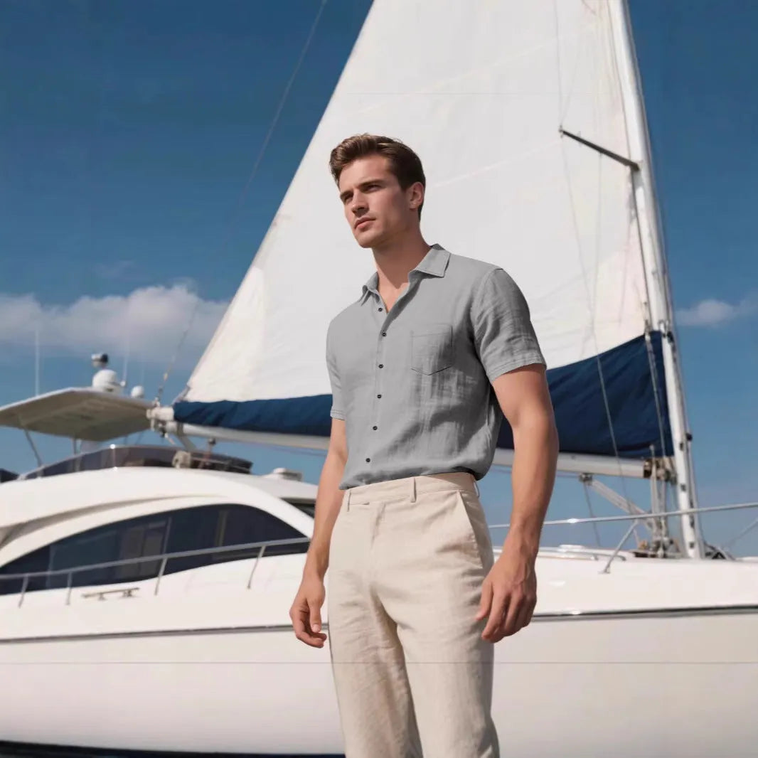 Men's loose fit short-sleeved linen blend shirt in a cardigan style, shown in a solid colour.