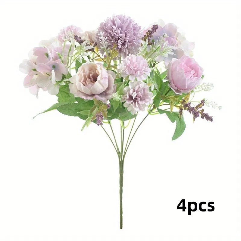 Combination artificial hydrangea flower arrangement in silk and plastic, shown in one of five available colours.
