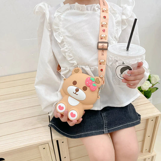 Children's silicone strawberry bear shoulder bag with zipper closure