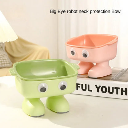 Robot-shaped elevated cat bowl with 15 degree tilt in green colour with detachable inner bowl