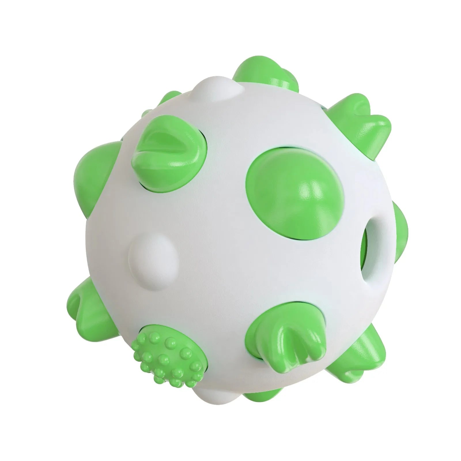 Blue green yellow dog chew ball with textured cleaning bumps and hollow treat-dispensing centre.