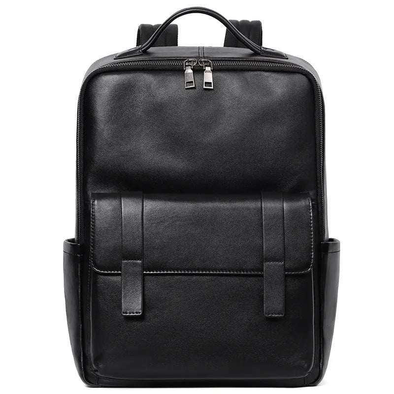 Men's large capacity leather computer backpack with curved back plate in black grain finish