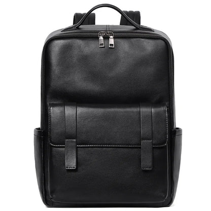 Men's large capacity leather computer backpack with curved back plate in black grain finish