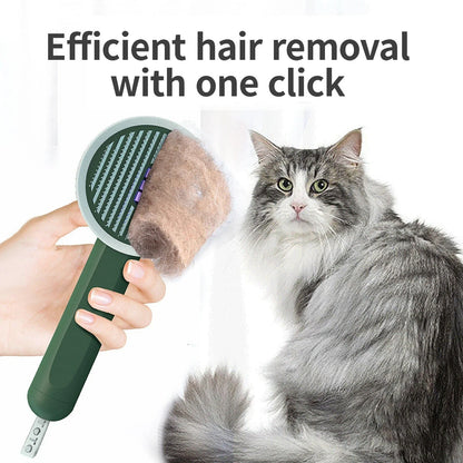 Rechargeable pet grooming brush with UV sterilization, automatic hair removal, and ergonomic floating comb design