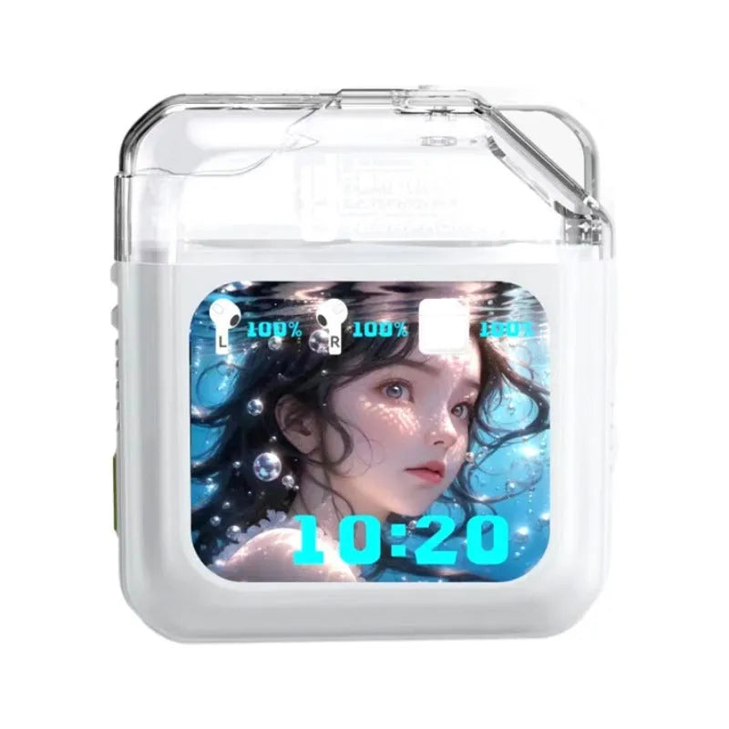 White and grey ANC Bluetooth headset with colour screen display and in-ear design
