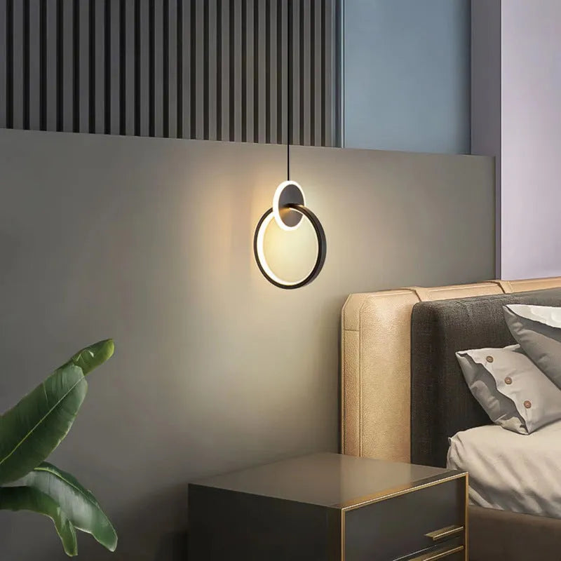 Nordic black double ring LED bed lamp chandelier with adjustable height above bedside