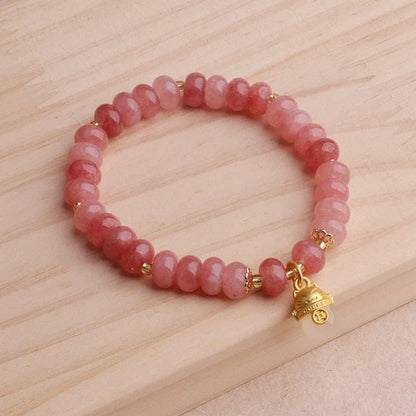 Handmade retro bracelet with lucky cat charm in strawberry quartz or grey jade